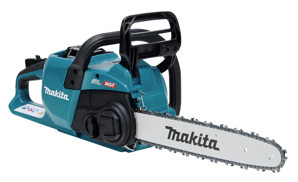 Makita XGT Akku-Kettensäge mit blauem Gehäuse und Markenlogo
