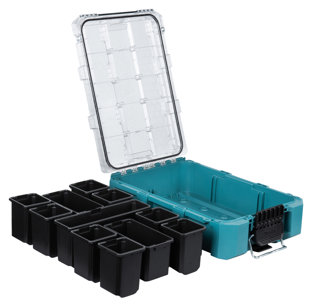 Geöffnete blaue Werkzeugbox mit mehreren schwarzen Einsätzen und klarem Deckel