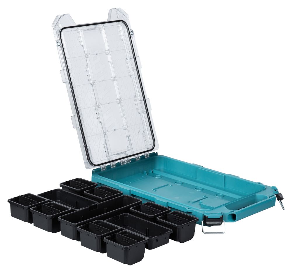 Geöffnete Organizer-Box mit transparentem Deckel und mehreren schwarzen, herausnehmbaren Fächern