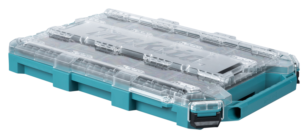 Flache, transparente Werkzeugbox mit robustem blauem Boden und Verschluss für vielseitige Aufbewahrung
