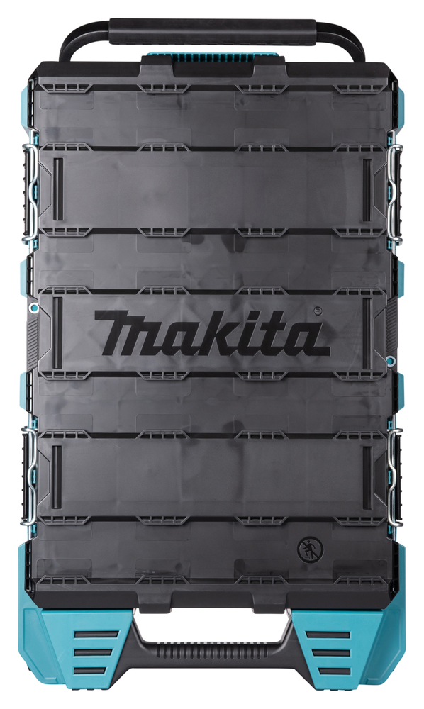 Makita Werkzeugbox - Stabil und stapelbar für einfachen Transport Große, schwarze Makita-Werkzeugbox mit blauem Akzent und Griff zum einfachen Transport und Stapeln von Werkzeugen.