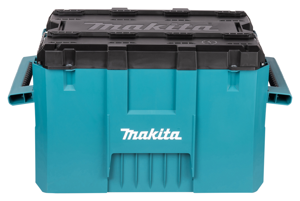 Robuste Makita Werkzeugbox mit schwarzem Deckel und seitlichen Tragegriffen